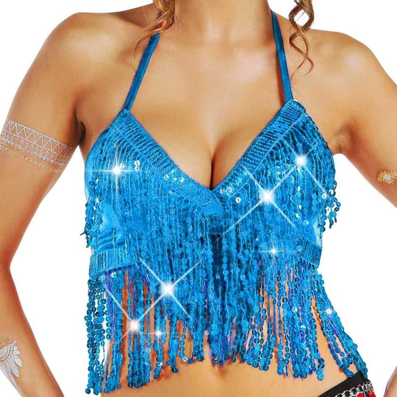 Nicute Silver Sequin Top Fringe Bra Top Sparkly Belly Dance Tops for Women - Image 1